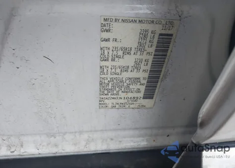 2018 Nissan Murano Sl z USA, uszkodzony, nr VIN 5N1AZ2MH3JN104892